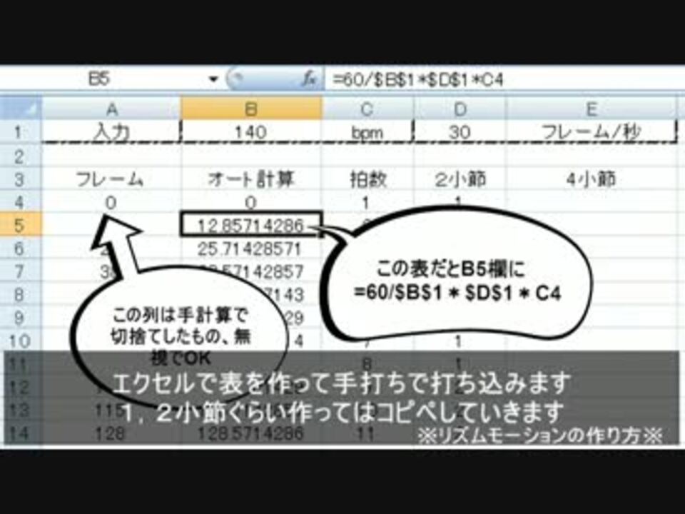 リズム ダンスモーションのフレーム計算方法 エクセル ニコニコ動画