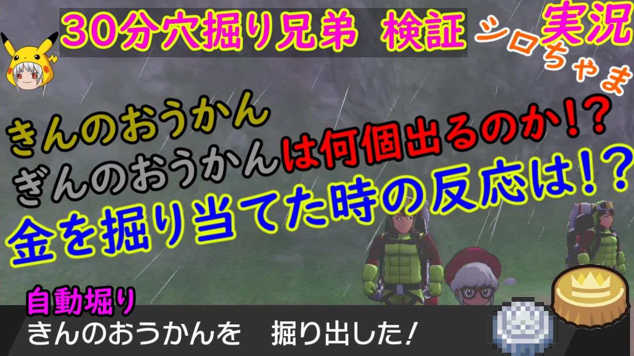 穴掘り兄弟 30分検証 簡単に自動掘り方法 きんのおうかん ぎんのおうかん は何個出るのか ポケモン剣盾 実況 ニコニコ動画