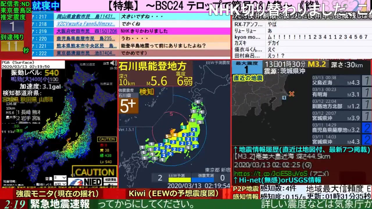 コメあり版 緊急地震速報 石川県能登地方 最大震度5強 M5 5 03 13 Bsc24 ニコニコ動画