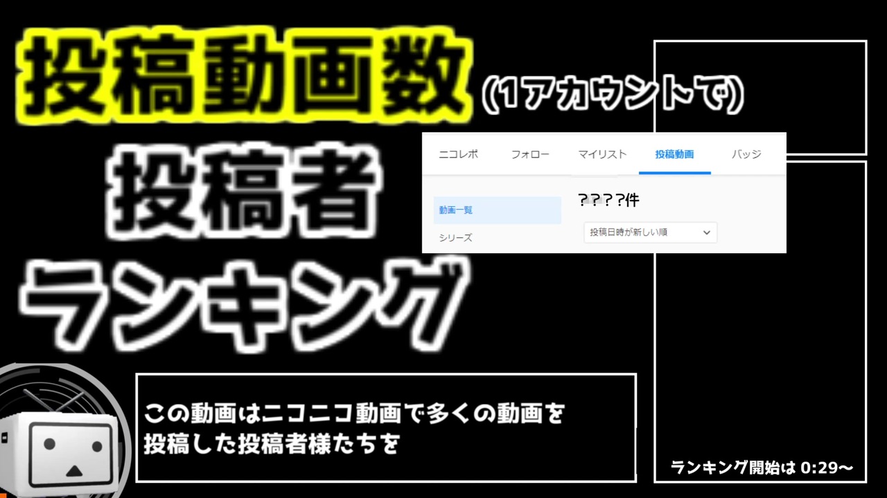 動画投稿数の多い投稿者ランキング 1アカウントで ニコニコ動画