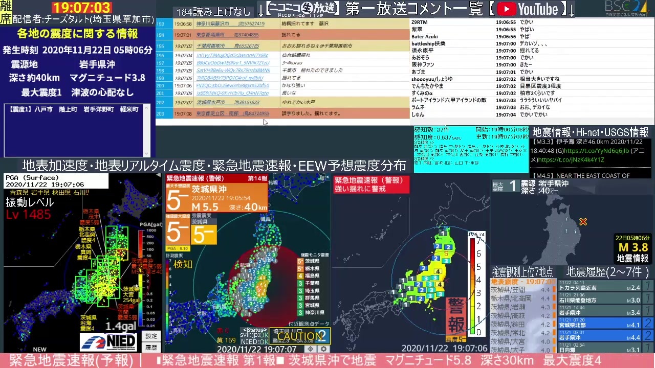 緊急地震速報 2020年11月22日19時06分 茨城県沖 M5 7 深さ45km 最大震度5弱 音量注意 ニコニコ動画