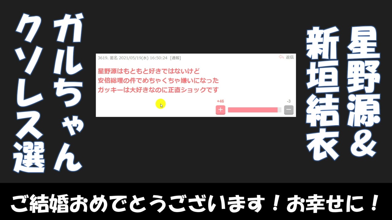 逃げ恥 星野源と新垣結衣の結婚に対するガールズちゃんねるのコメを100個読み上げる ガルちゃん ニコニコ動画