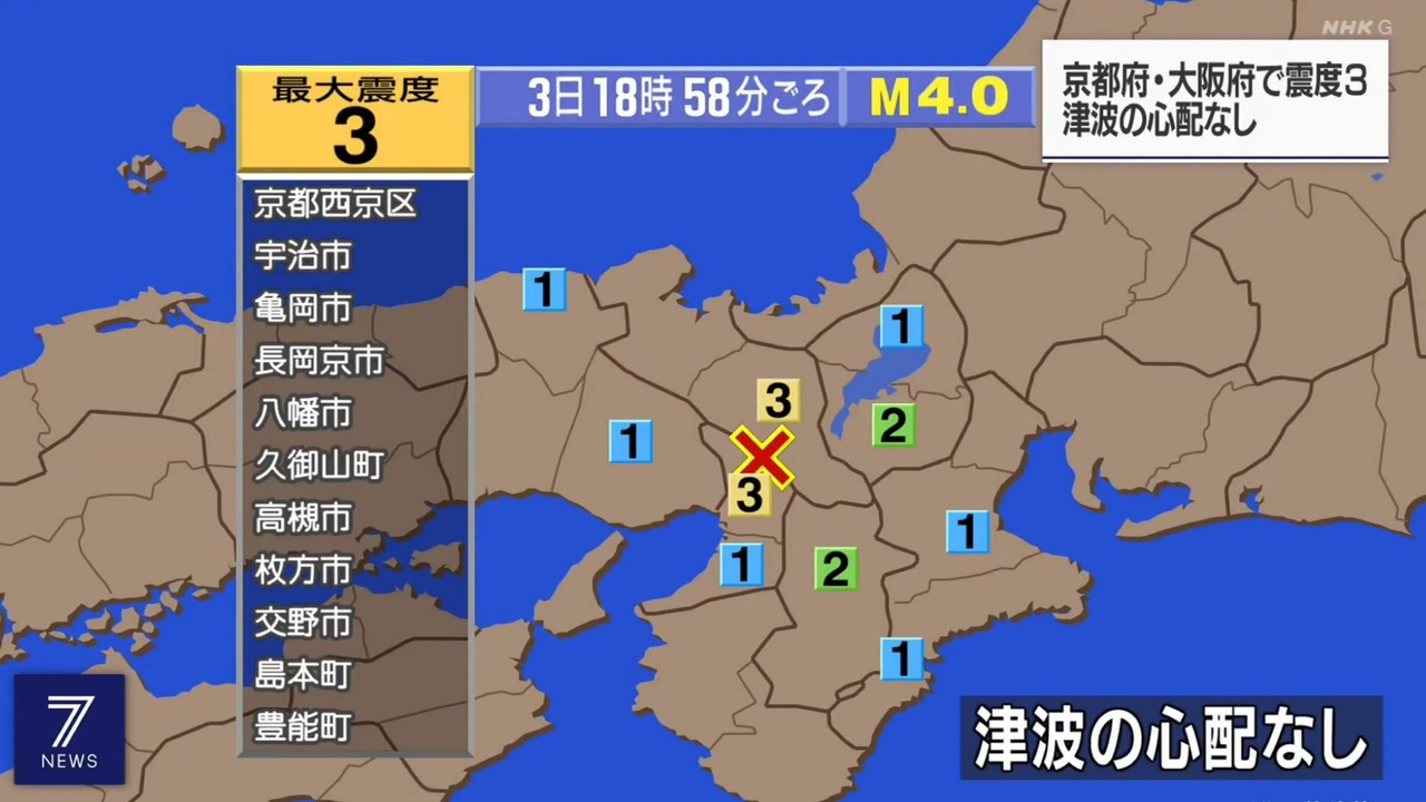 ♒地震ニュース記録♒ 2022年大阪府北部地震 最大震度3 京都府 大阪府 2022年4月3日18時58分 ニコニコ