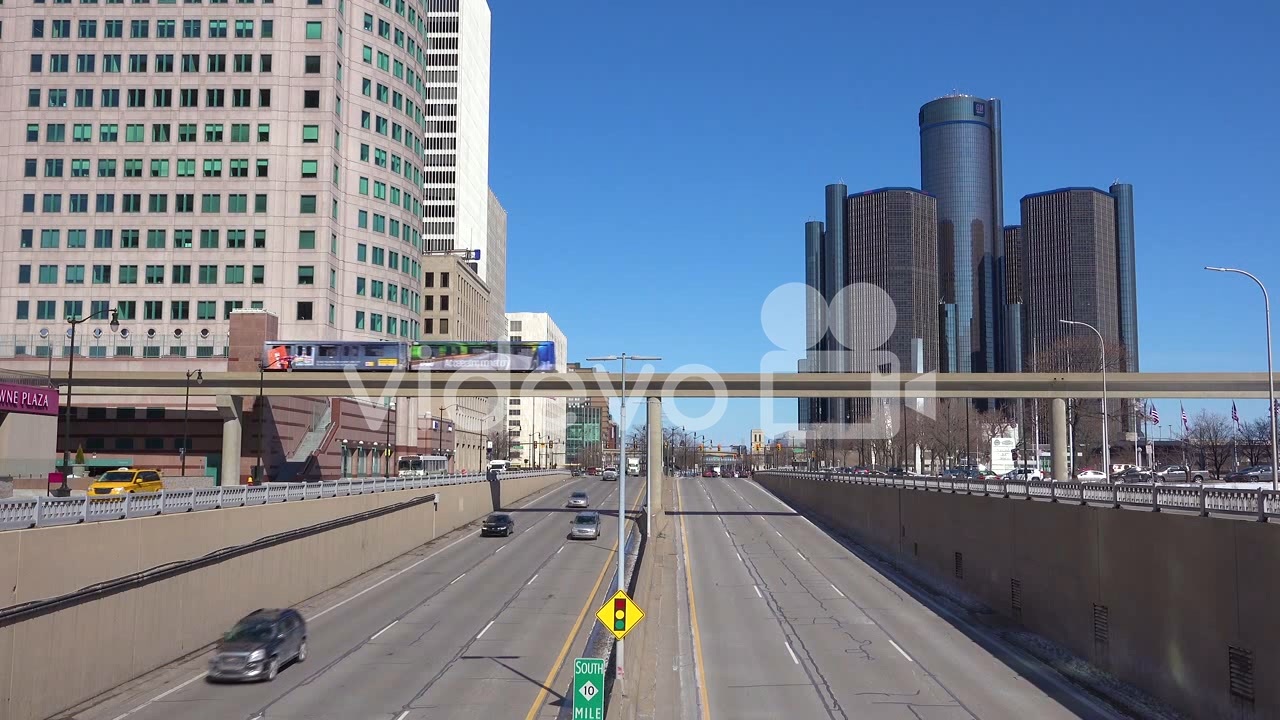 Nice shot looking up at rapid transit train in downtown Detroit ...