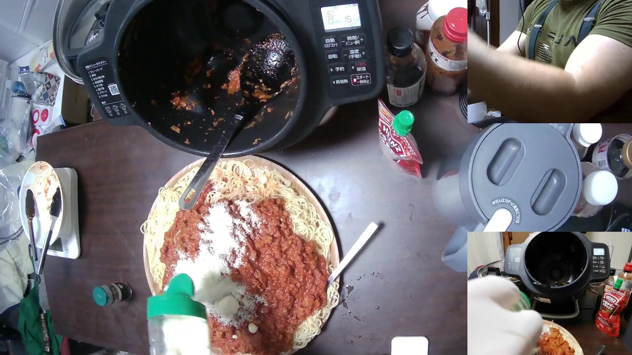 【忙しい人向けダイジェスト】【ドカ食い気絶部】謎肉と業スー系と蒟蒻パスタを使って「謎肉増量ミートソーススパゲッティ（フェルの喰う量）」を作って食うのだ！【ずんだもんオジサンの２２７回目の配信】 - ニコニコ動画