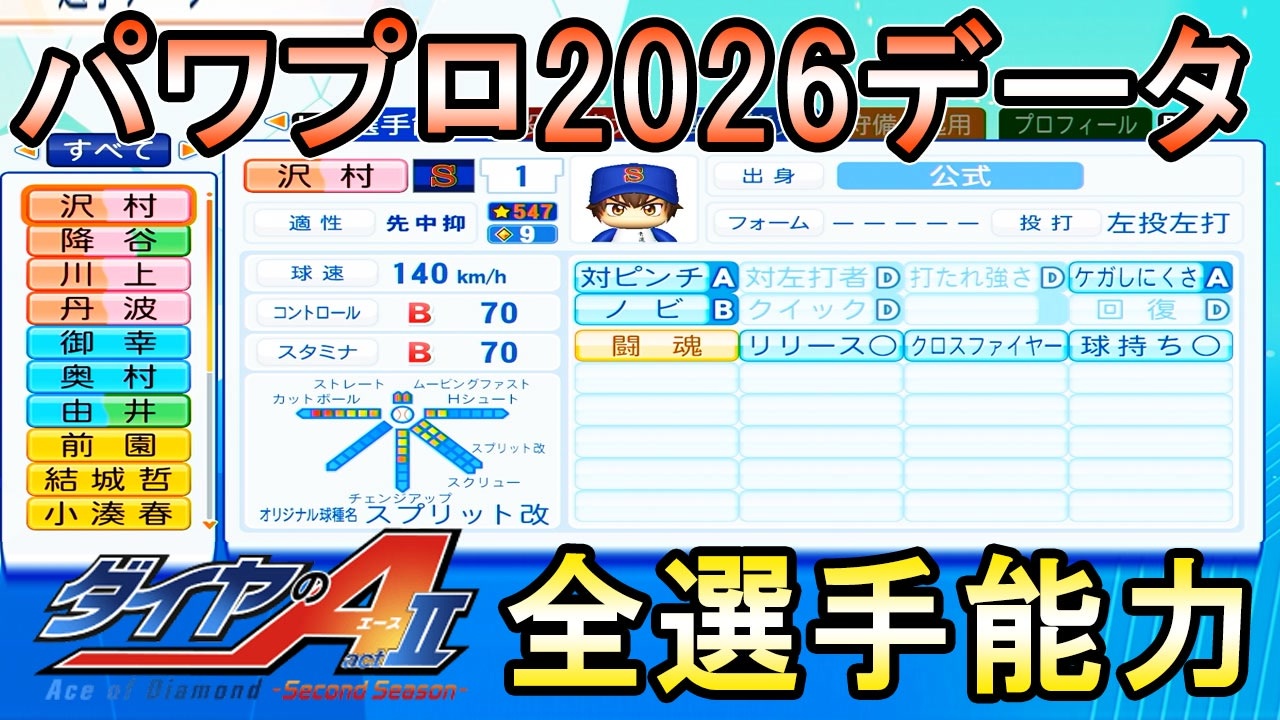 パワプロ2026】ダイヤのA全選手能力データ【パワフルプロ野球2026-2027